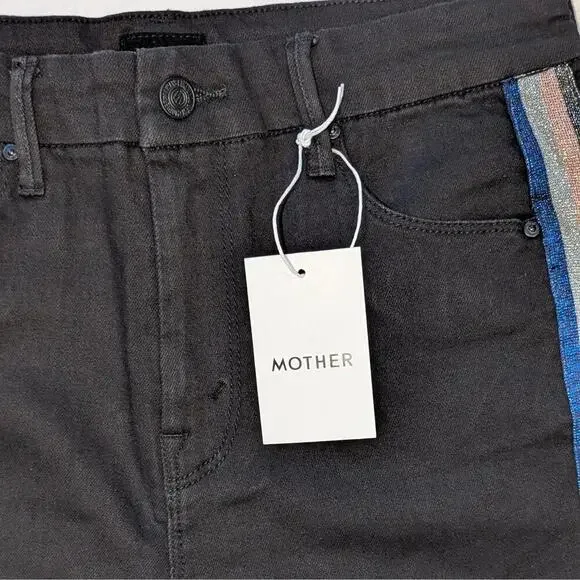 MOTHER The Swooner Dagger Ankle Fray Jeans Black Sheep Glitter Stripe 29 - Picture 4 of 9